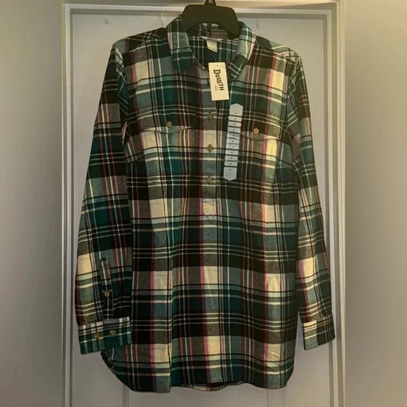 Duluth Trading Co. Long Sleeve Flannel Green and Pink Stripped Shirt - Picture 1 of 5